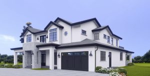 Modern two story home with stone entry, large windows, and landscaped yard in Monte Sereno, California.