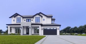 Modern two story home with stone entry, large windows, and landscaped yard in Monte Sereno, California.