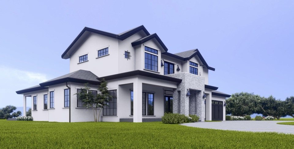 Modern two story home with stone entry, large windows, and landscaped yard in Monte Sereno, California.