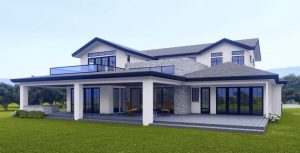 Modern two story home with stone accents, large patio, and balcony in Monte Sereno, California.